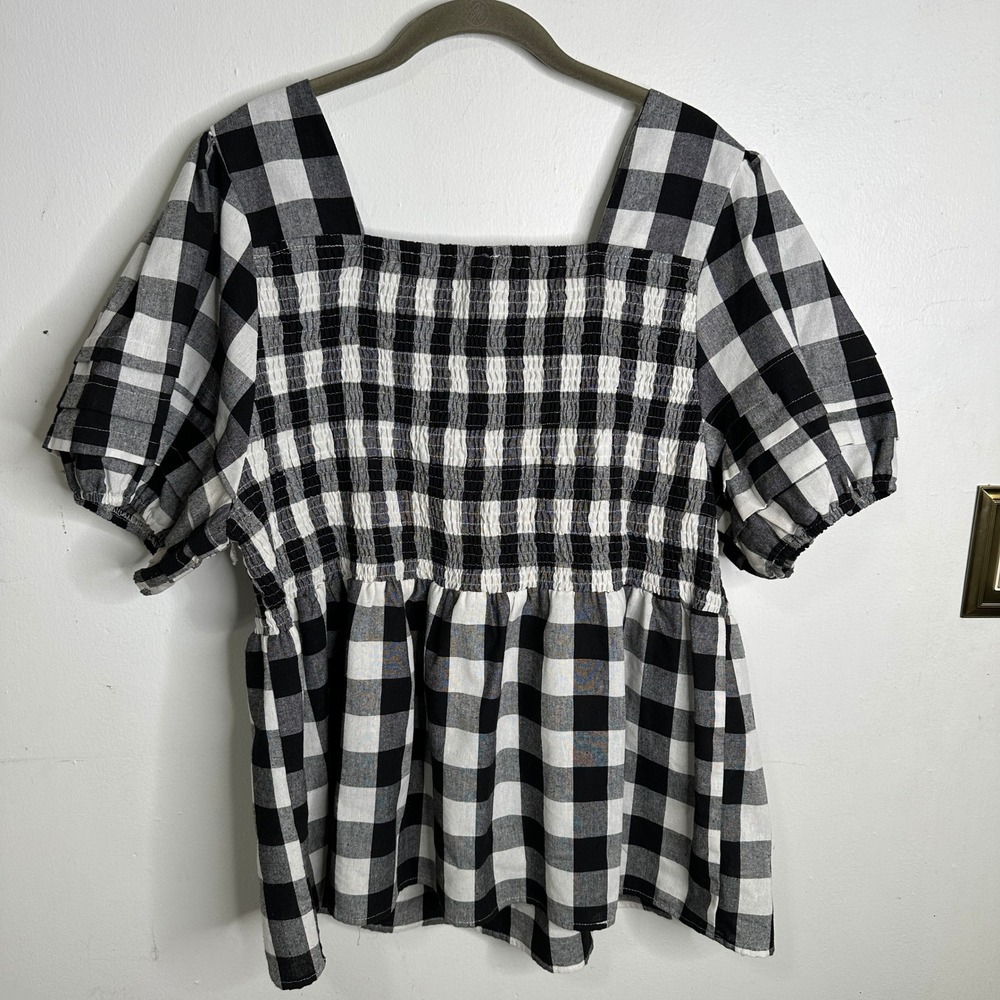 Grace + Karma Womens 2X Gingham Smocked Puff Sleeve Peplum Blouse Black White